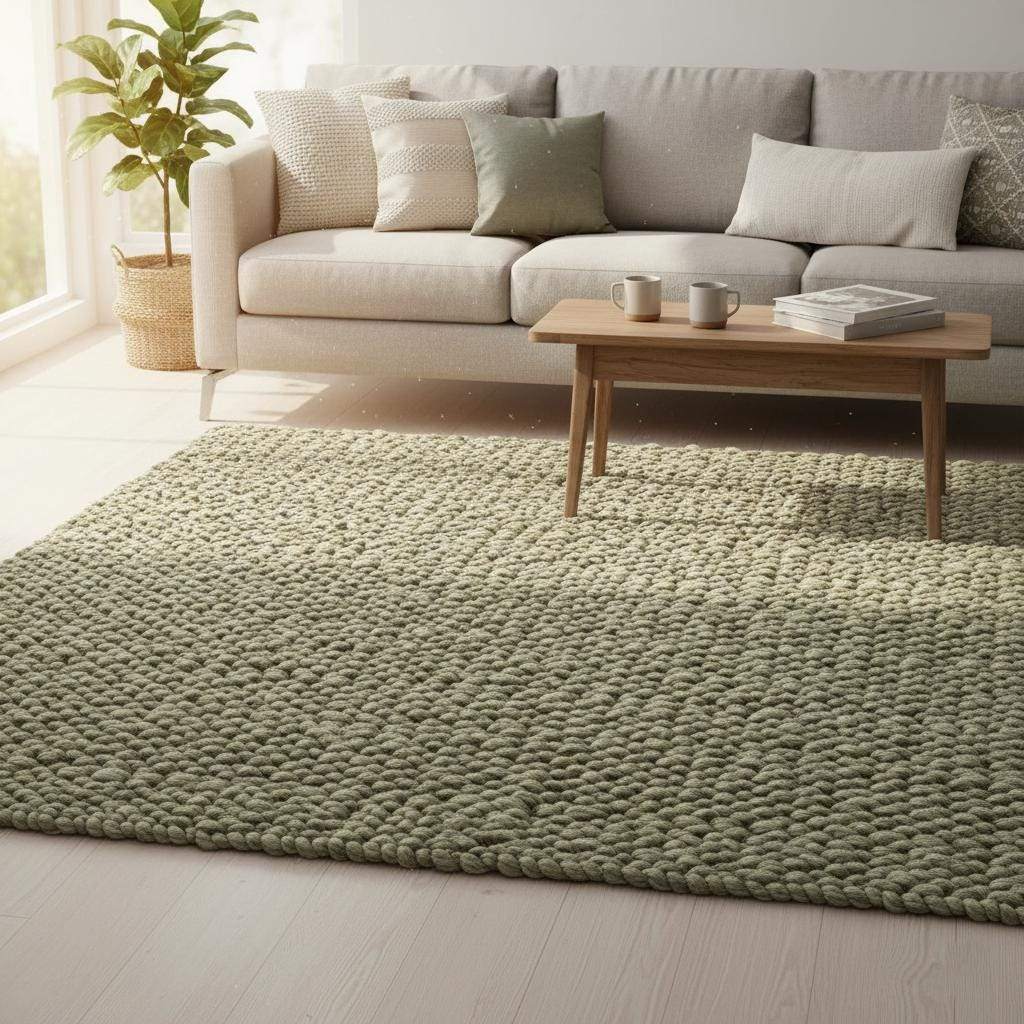 Hand-woven natural wool carpet in sage green and off-white, textured loop-pile design for living space, rugs rug teppich.