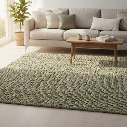 Hand-woven natural wool carpet in sage green and off-white, textured loop-pile design for living space, rugs rug teppich.