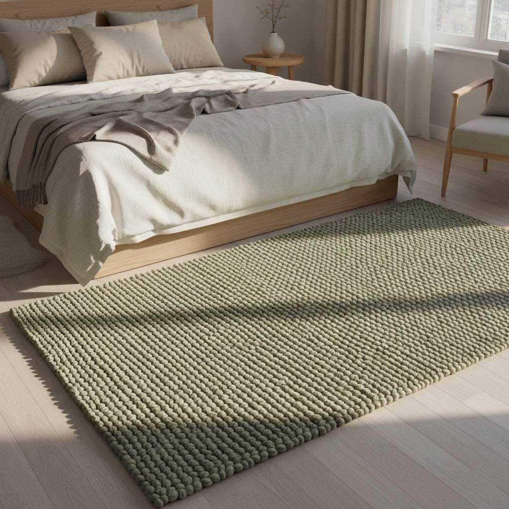 Top view handcrafted sage olive wool loop-pile rug with natural cream loops, textured living room floor covering, handmade rugs rug carpet teppich.