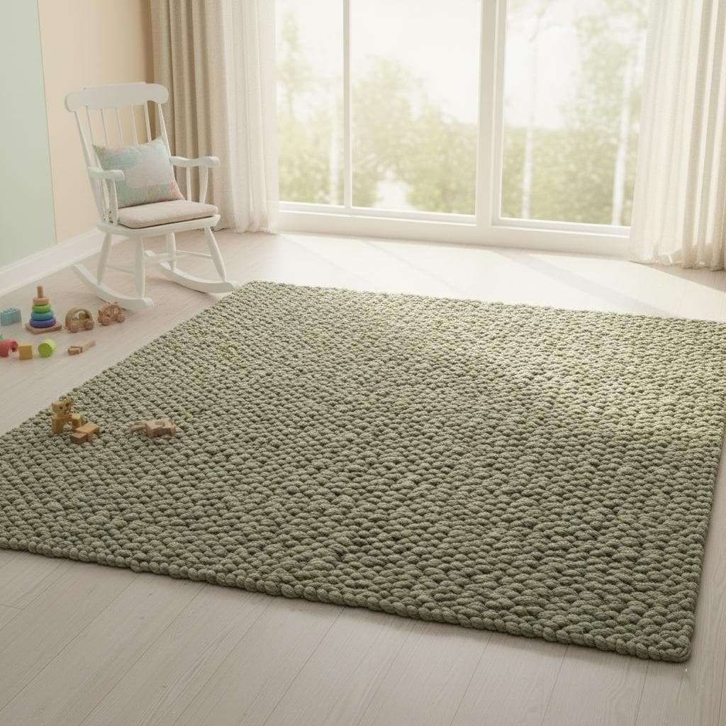 Modern handmade wool rug chunky loops palette sage olive and cream, perfect for living room furniture base, carpet rugs teppich.
