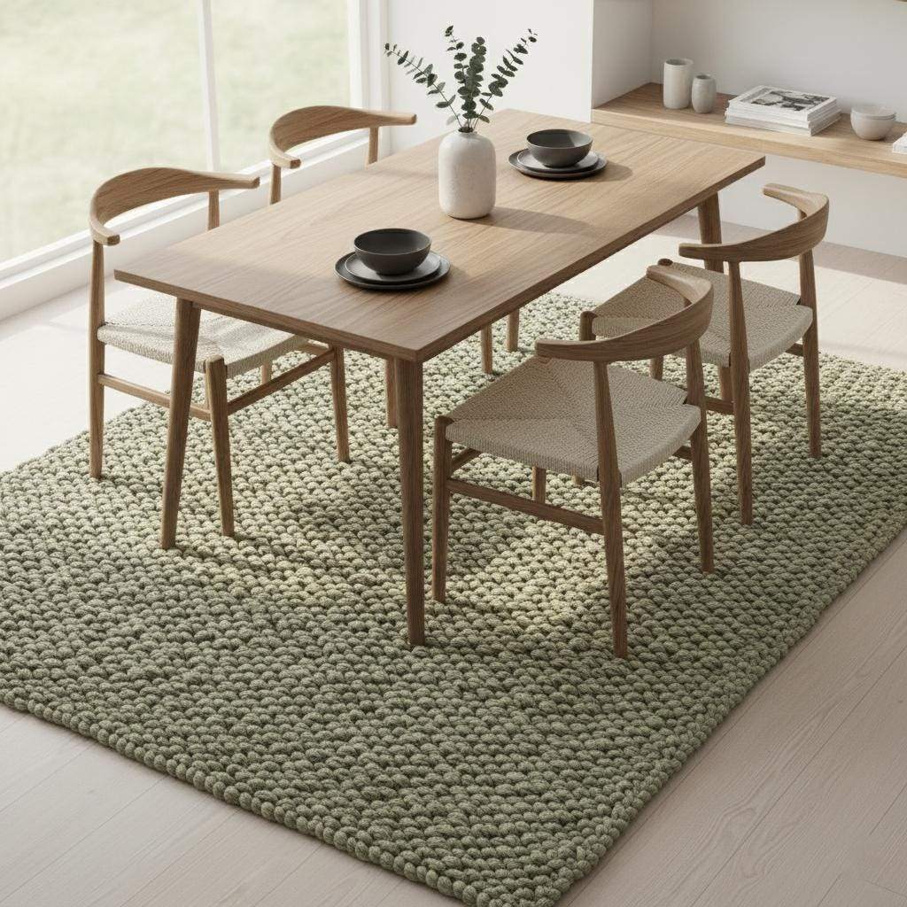 Hand-crafted Sage Olive Wool Loop-Pile Rug • Chunky Textured Living Room Rug Carpet Handmade • Natural Beige Accent Indoor Floor Teppich