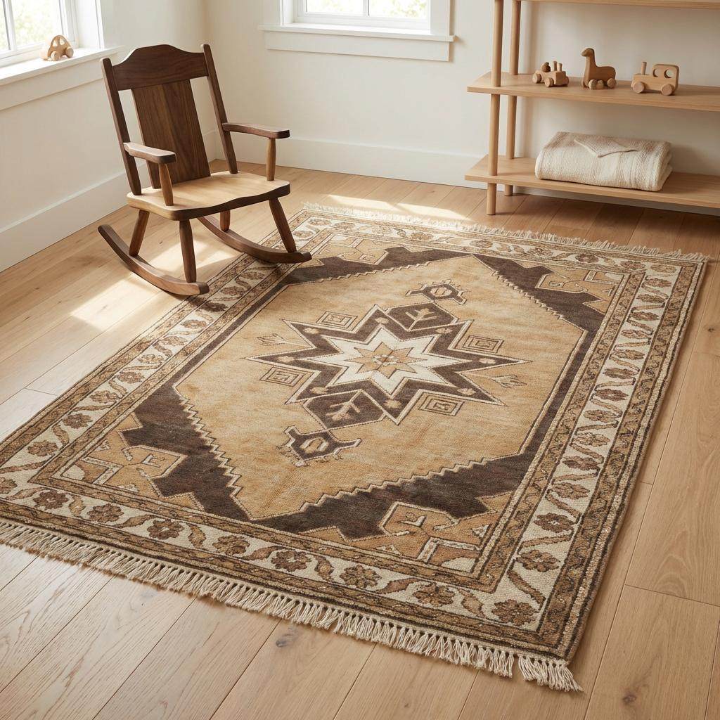 Hand knotted Vintage Style Anatolian Rug, Earth Tone Brown Beige Wool Area Rug, Geometric Pattern for Living Room