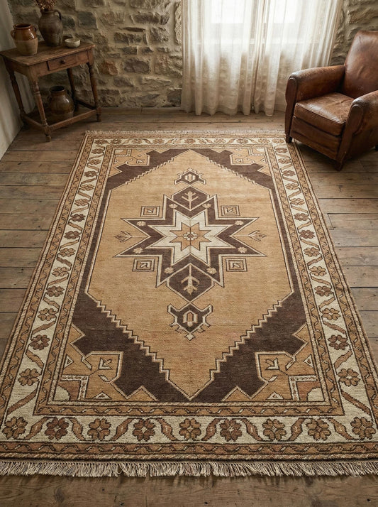 Hand knotted vintage style Anatolian rug with earth tone geometric star medallion pattern in brown and beige wool