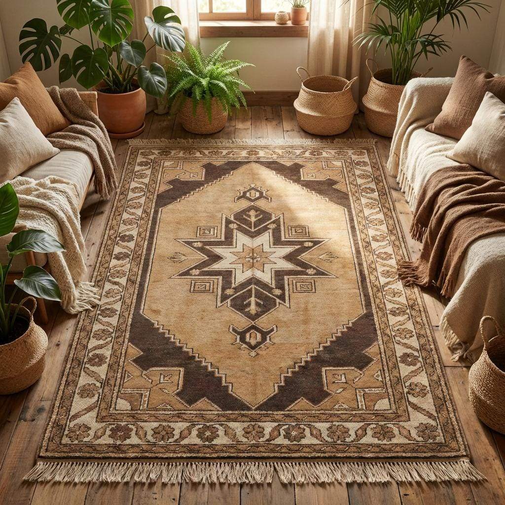 Artisan made wool hand knotted rug with symmetrical tribal design and warm earthy color palette.