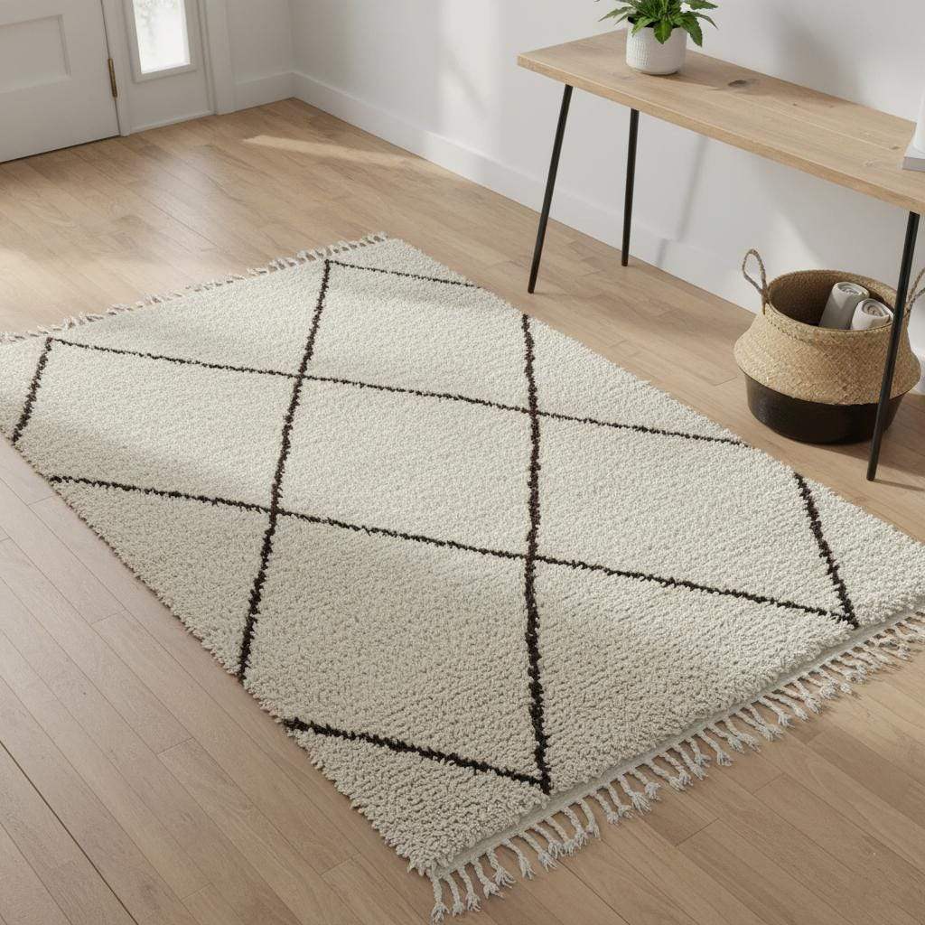 Handcrafted Beni Ourain style ivory wool rug with dark diamond Berber design and high-pile shag texture