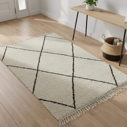 Handcrafted Beni Ourain style ivory wool rug with dark diamond Berber design and high-pile shag texture