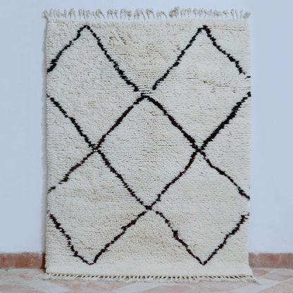 Handcrafted Beni Ourain style wool rug with ivory shag, dark diamond Berber design, perfect for boho and Scandinavian interiors