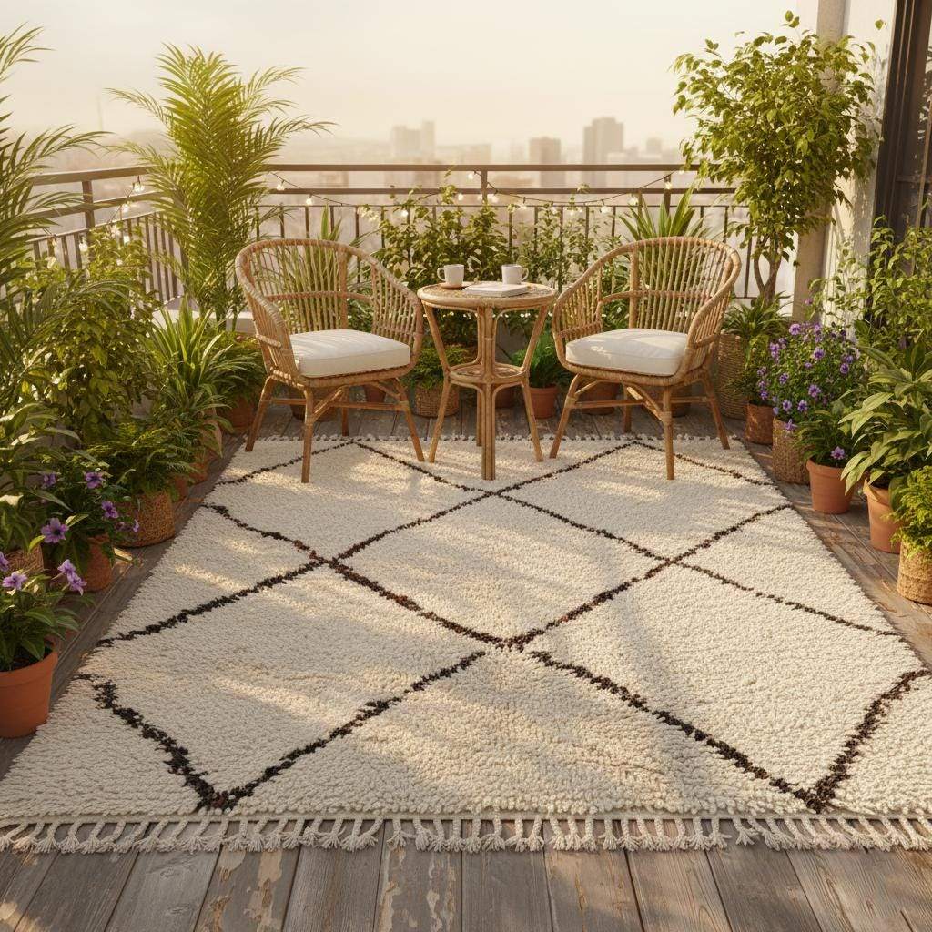 Handcrafted Beni Ourain style wool rug in ivory with dark diamond Berber design and high-pile shag texture