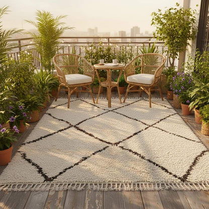 Handcrafted Beni Ourain style wool rug in ivory with dark diamond Berber design and high-pile shag texture