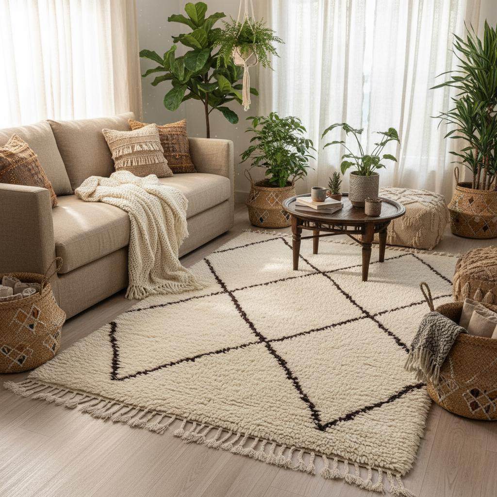 Handcrafted Beni Ourain style wool rug in ivory with dark diamond design, high-pile shag texture, perfect for boho and Scandinavian interiors.