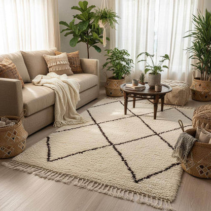 Handcrafted Beni Ourain style wool rug in ivory with dark diamond design, high-pile shag texture, perfect for boho and Scandinavian interiors.