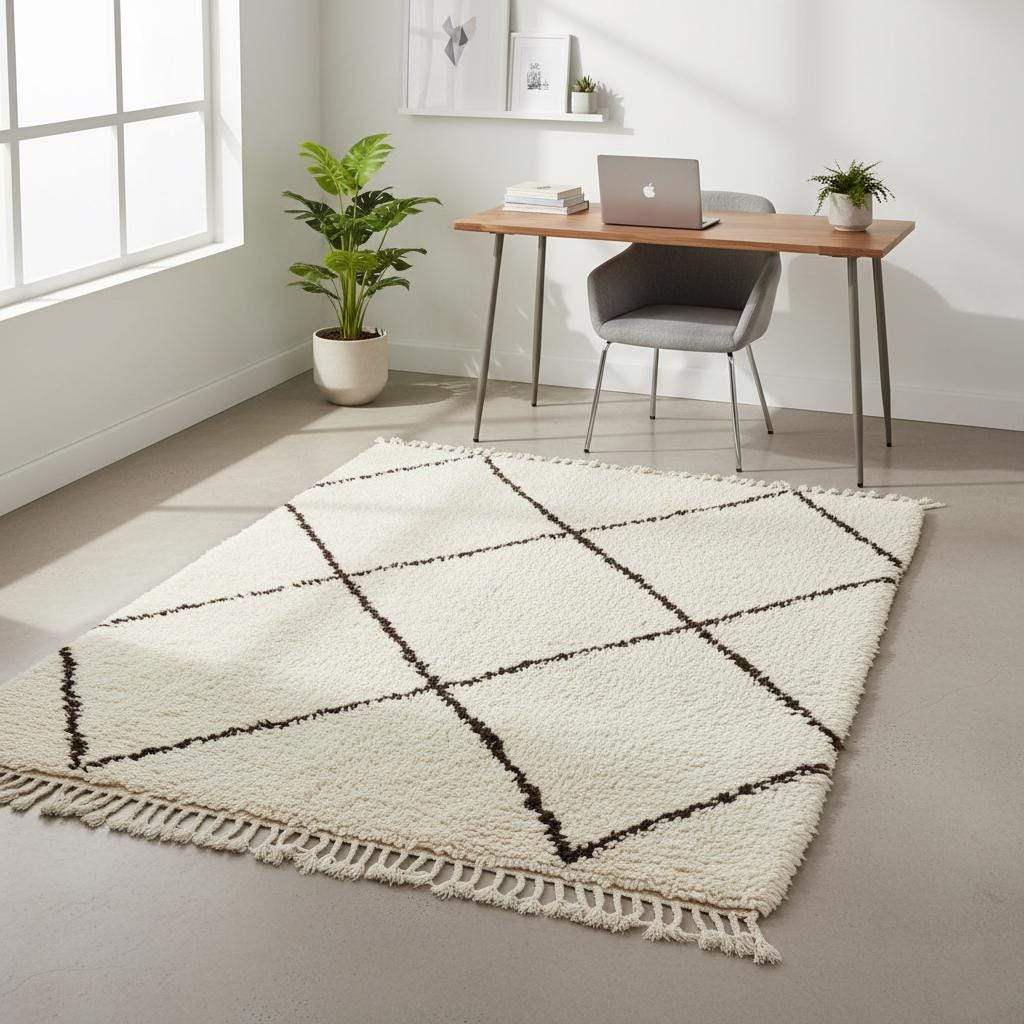 Handcrafted Beni Ourain style wool rug with ivory shag and dark diamond Berber design, perfect for boho and Scandinavian interiors