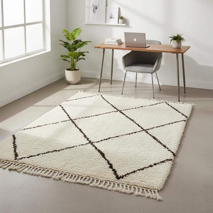 Handcrafted Beni Ourain style wool rug with ivory shag and dark diamond Berber design, perfect for boho and Scandinavian interiors