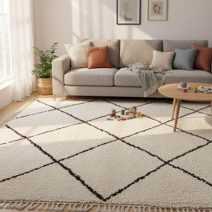 Handcrafted Beni Ourain style wool rug with ivory shag and dark diamond Berber design