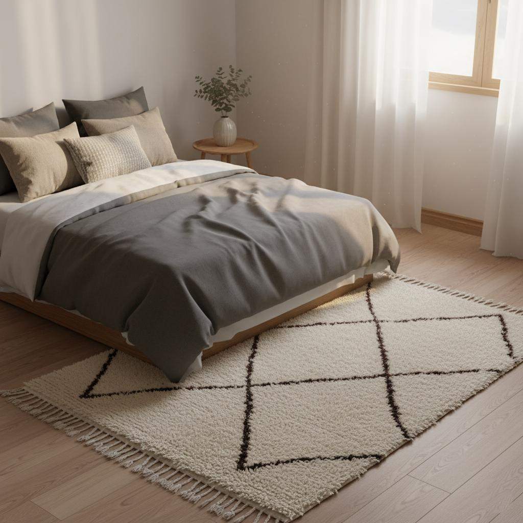 Handcrafted Beni Ourain style wool rug with ivory shag and dark diamond Berber design