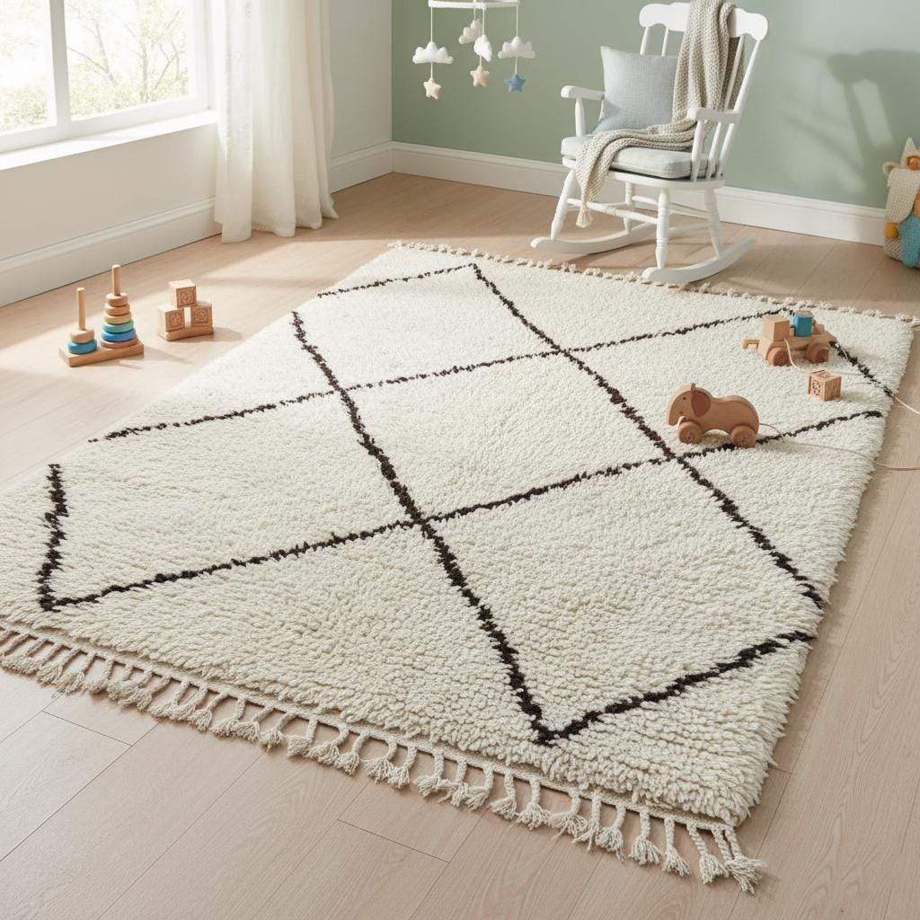 Handcrafted Beni Ourain style wool rug with ivory high-pile shag and dark diamond Berber design