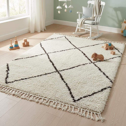 Handcrafted Beni Ourain style wool rug with ivory high-pile shag and dark diamond Berber design