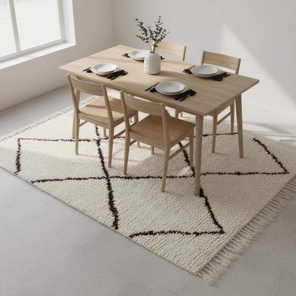 Ivory handcrafted Beni Ourain style wool rug with high-pile shag and dark diamond Berber design