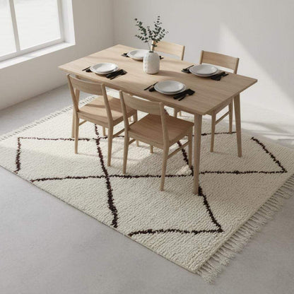 Ivory handcrafted Beni Ourain style wool rug with high-pile shag and dark diamond Berber design