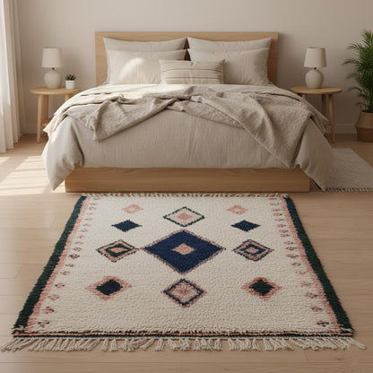 Handloom Moroccan Kilim Rug – Indigo Diamond Wool, Boho Accent Carpet