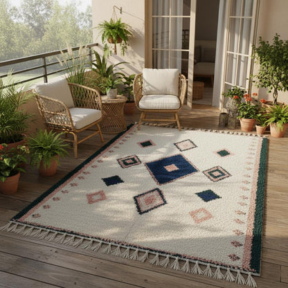 Flat-woven wool boho rug with tribal diamond pattern, indigo centre and clay accent diamonds.