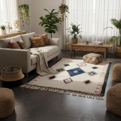 Global home décor wool carpet, flat-weave style, muted indigo and clay tones with fringe ends.