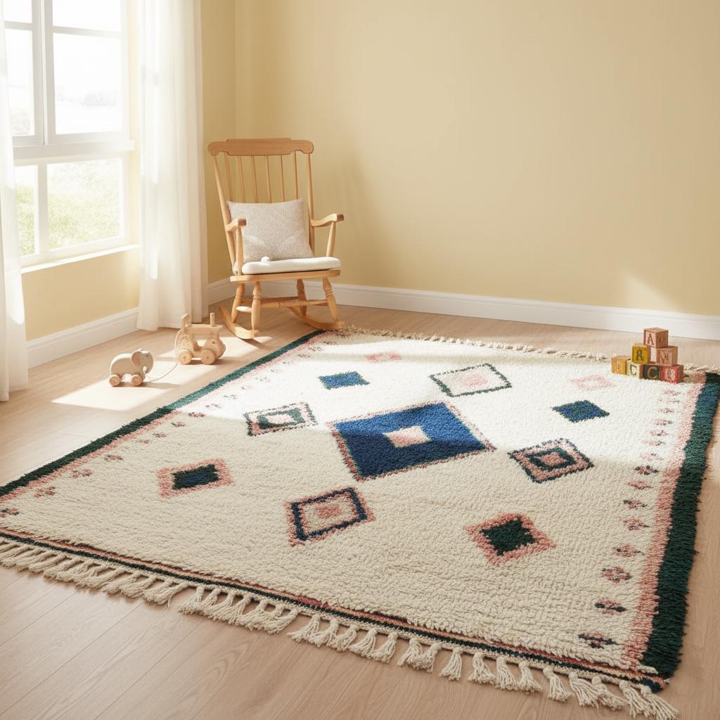 Bohemian flatwoven rug, wool kilim design, indigo and terracotta clay colour palette, living room accent.