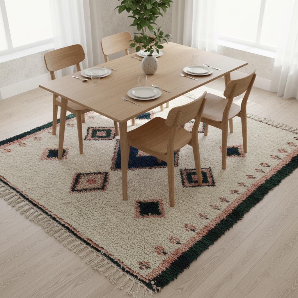 Entryway accent rug in handloom wool, Moroccan diamond kilim pattern, muted indigo and clay colourway.