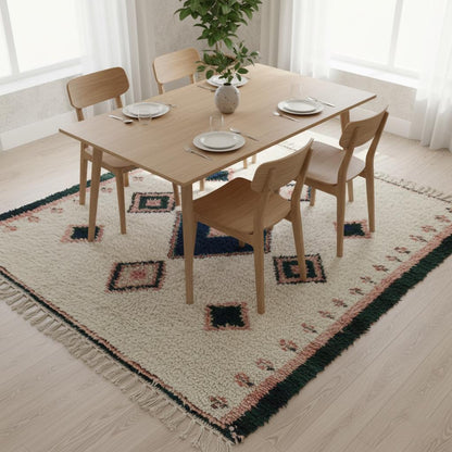 Entryway accent rug in handloom wool, Moroccan diamond kilim pattern, muted indigo and clay colourway.