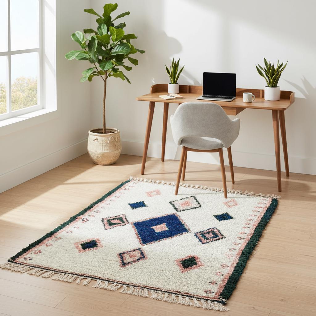 Modern rustic wool flat-weave rug, boho global style, muted indigo base, clay geometric diamonds.