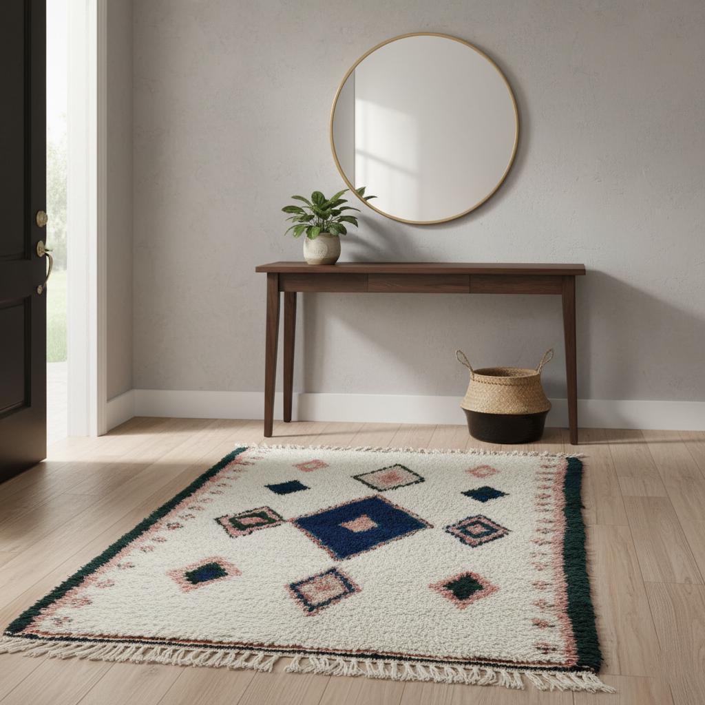 Handloom Moroccan Kilim Rug – Indigo Diamond Wool, Boho Accent Carpet