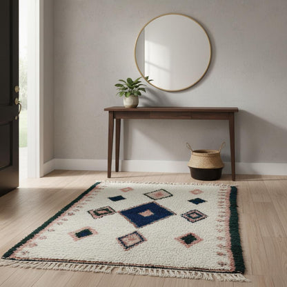 Handloom Moroccan Kilim Rug – Indigo Diamond Wool, Boho Accent Carpet