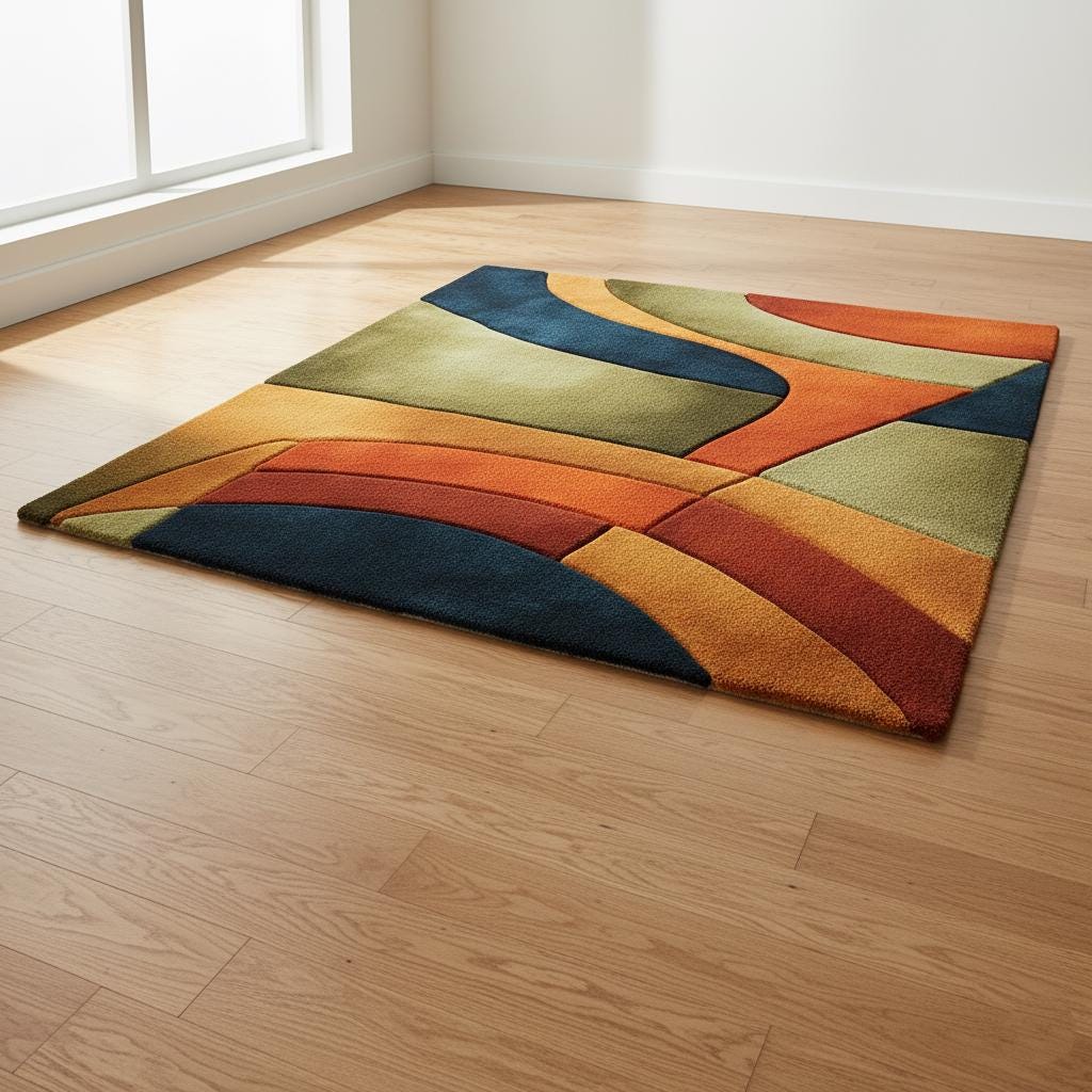 Handmade Retro Rug | Mid Century Modern Wool Tufted Carpet | Curved Geometric Area Rug | Orange Navy Olive Decor | Cozy Home Accent Teppich