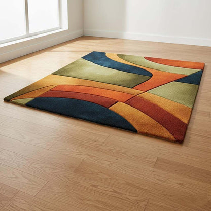 Handmade retro rug with curved geometric 70s pattern in wool tufted carpet for mid century modern decor