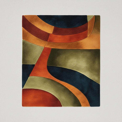 Handmade retro rug with curved geometric pattern in burnt orange, olive green, navy, and amber gold wool tufted carpet