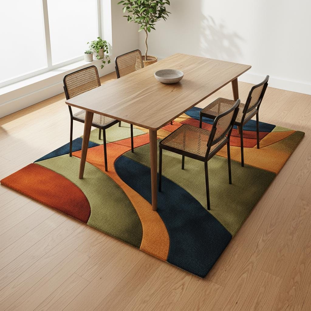 Handmade Retro Rug | Mid Century Modern Wool Tufted Carpet | Curved Geometric Area Rug | Orange Navy Olive Decor | Cozy Home Accent Teppich