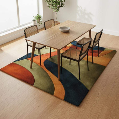 Handmade retro rug with curved geometric pattern in burnt orange, olive, navy, and amber gold wool tufted carpet