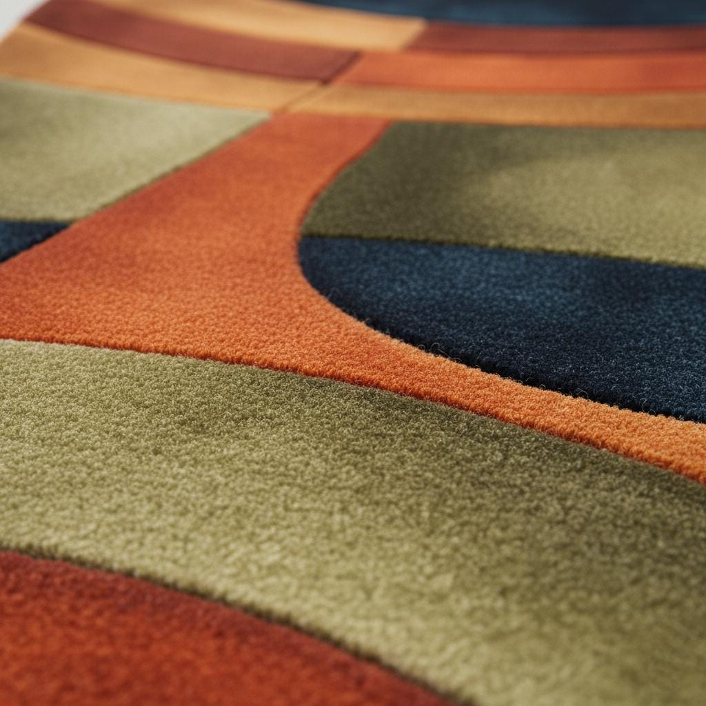 Handmade Retro Rug | Mid Century Modern Wool Tufted Carpet | Curved Geometric Area Rug | Orange Navy Olive Decor | Cozy Home Accent Teppich