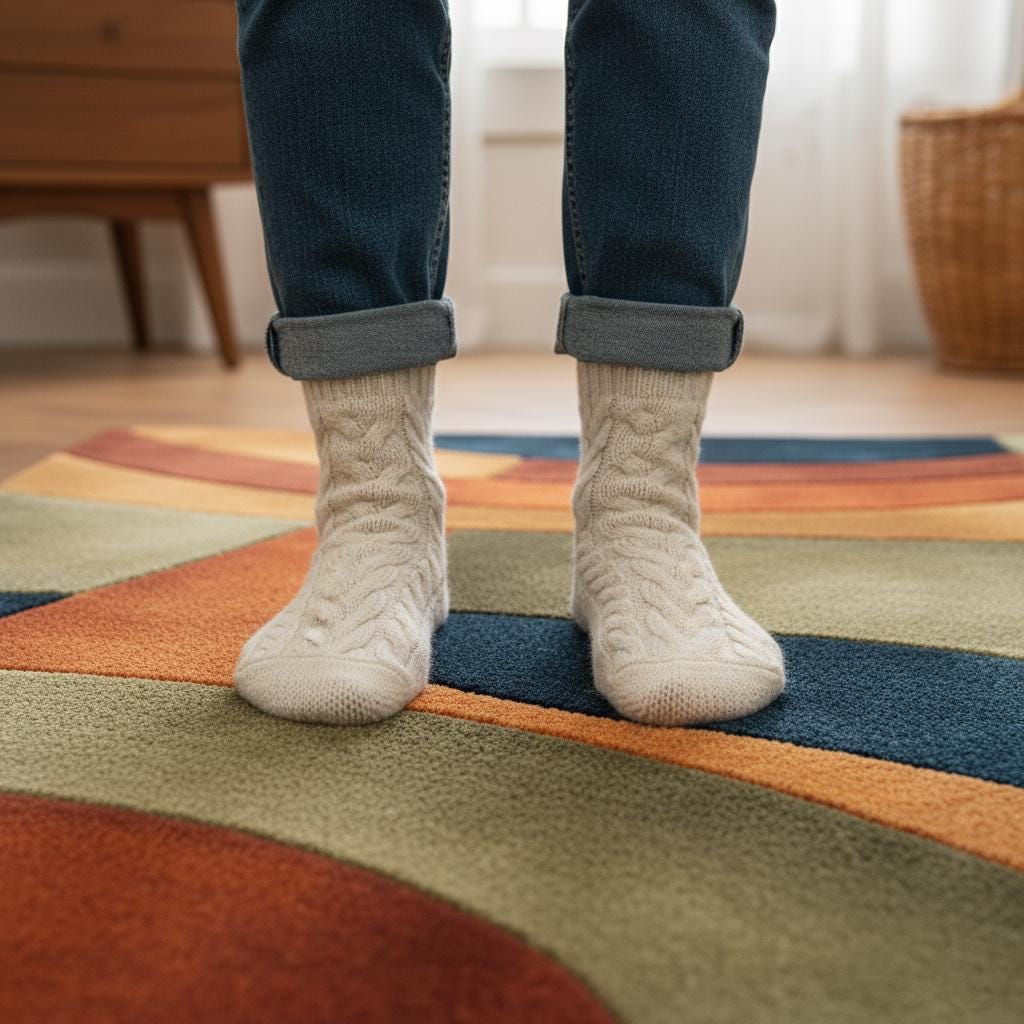 Handmade Retro Rug | Mid Century Modern Wool Tufted Carpet | Curved Geometric Area Rug | Orange Navy Olive Decor | Cozy Home Accent Teppich