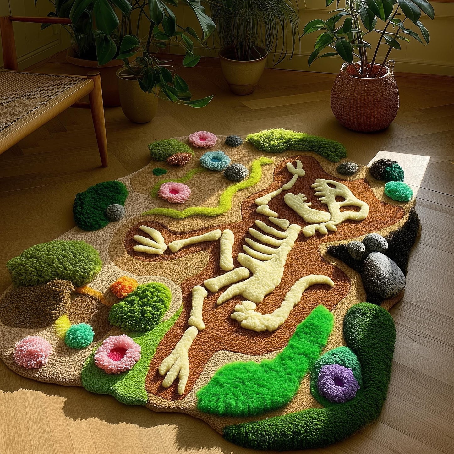 Handmade skeleton rug with tufted 3D textured dinosaur design in vibrant colors