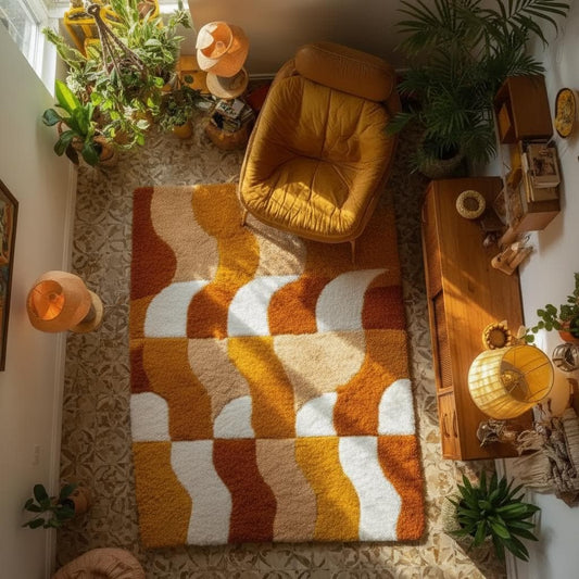Handmade Tufted Shag Rug: Retro 70s Boho Wavy Design