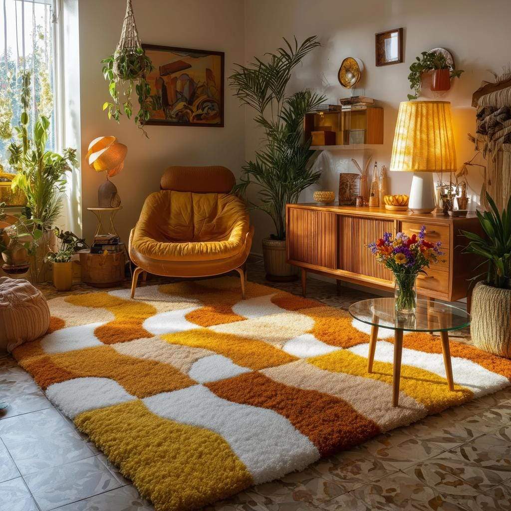 Handmade Tufted Shag Rug: Retro 70s Boho Wavy Design