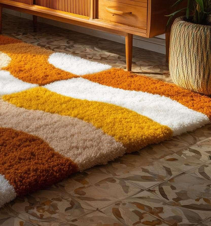 Handmade Tufted Shag Rug: Retro 70s Boho Wavy Design