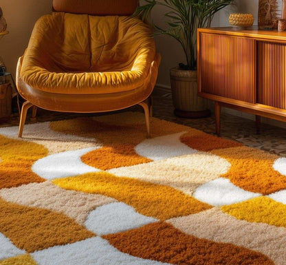 Handmade Tufted Shag Rug: Retro 70s Boho Wavy Design