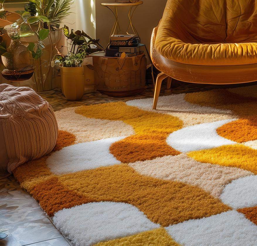 Handmade Tufted Shag Rug: Retro 70s Boho Wavy Design