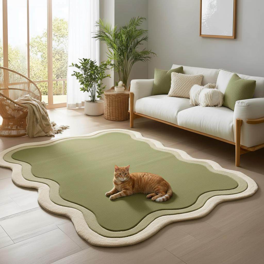 Handmade tufted rug green wavy edge organic shaped carpet design