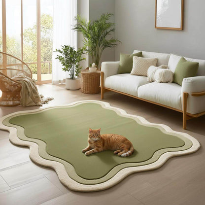 Handmade tufted rug green wavy edge organic shaped carpet design