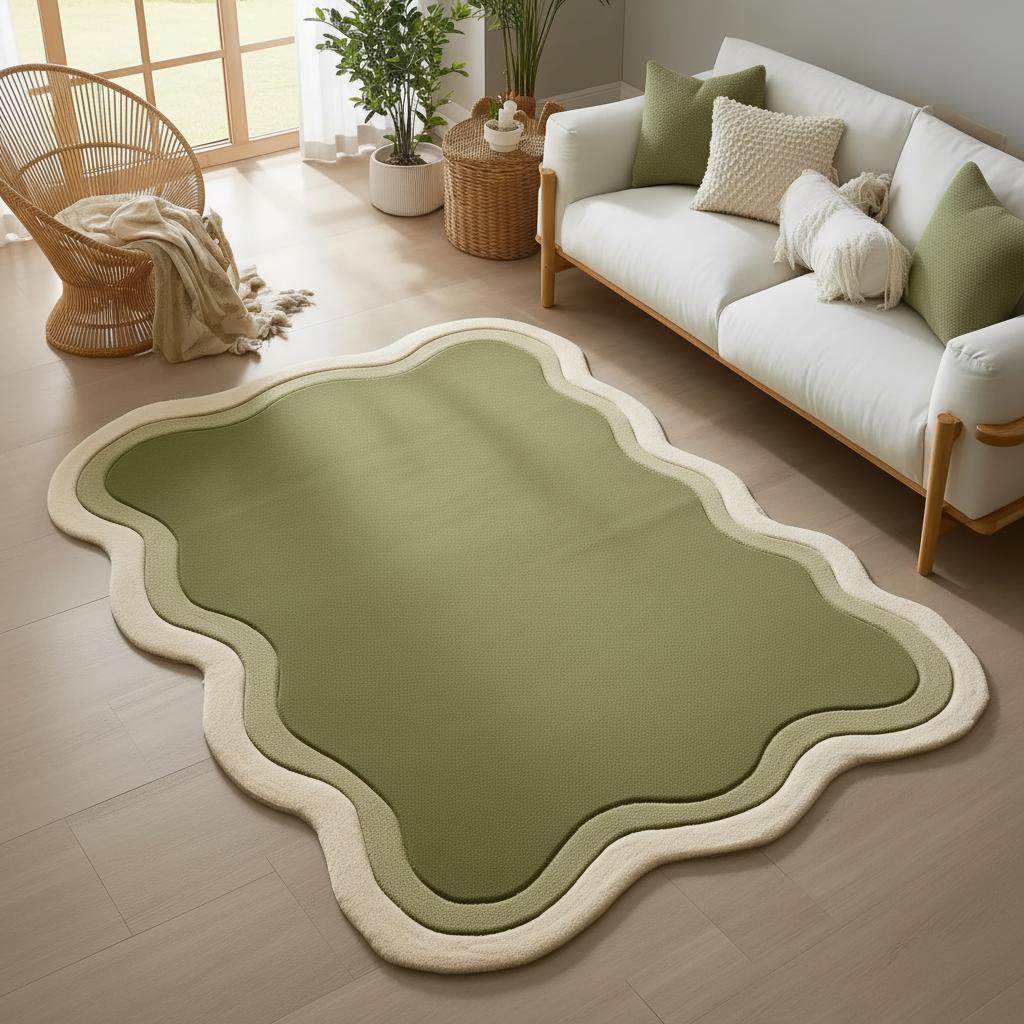 Handmade Tufted Wavy Green Rug: Modern Minimalist Floor Art