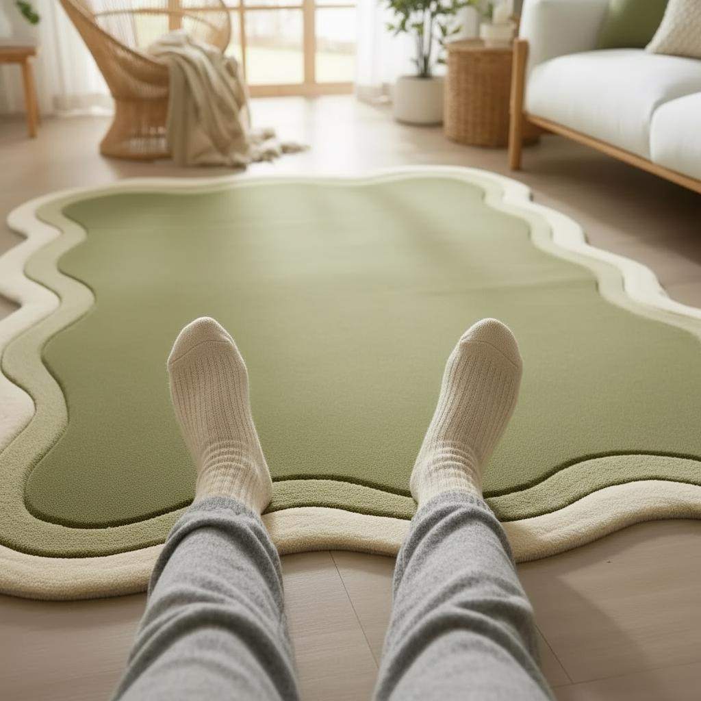 Handmade Tufted Wavy Green Rug: Modern Minimalist Floor Art