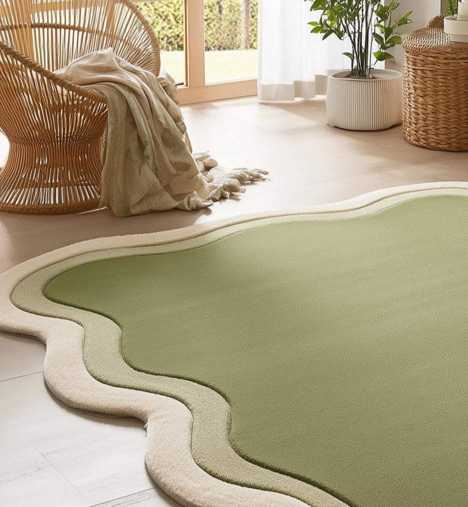 Handmade Tufted Wavy Green Rug: Modern Minimalist Floor Art